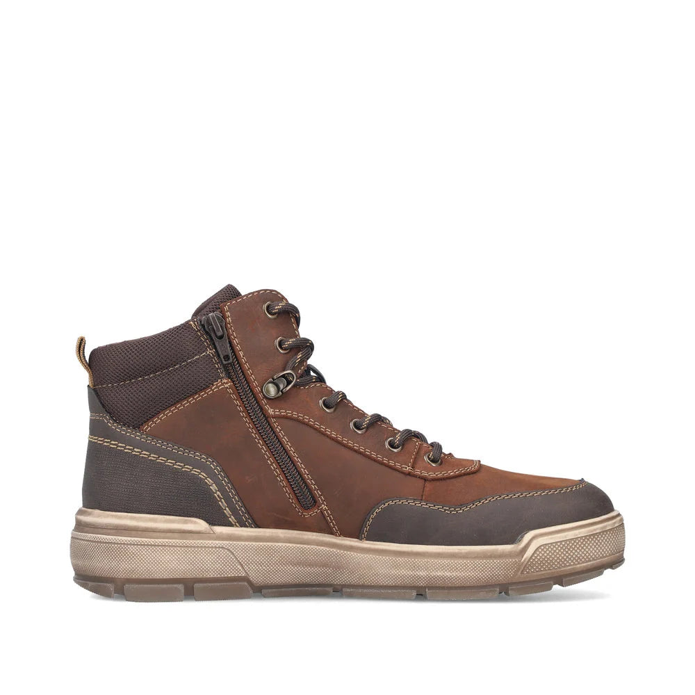 Rieker Men's Gianluca 10 Waterproof Side Zip Lace Boot in Brown Moro/Noce/Schoko