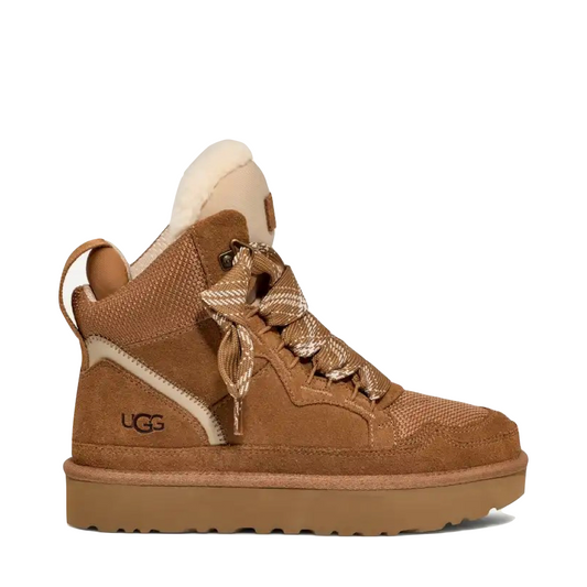 Side (right) view of Ugg Highmel Lace Sheepskin Boot for women.