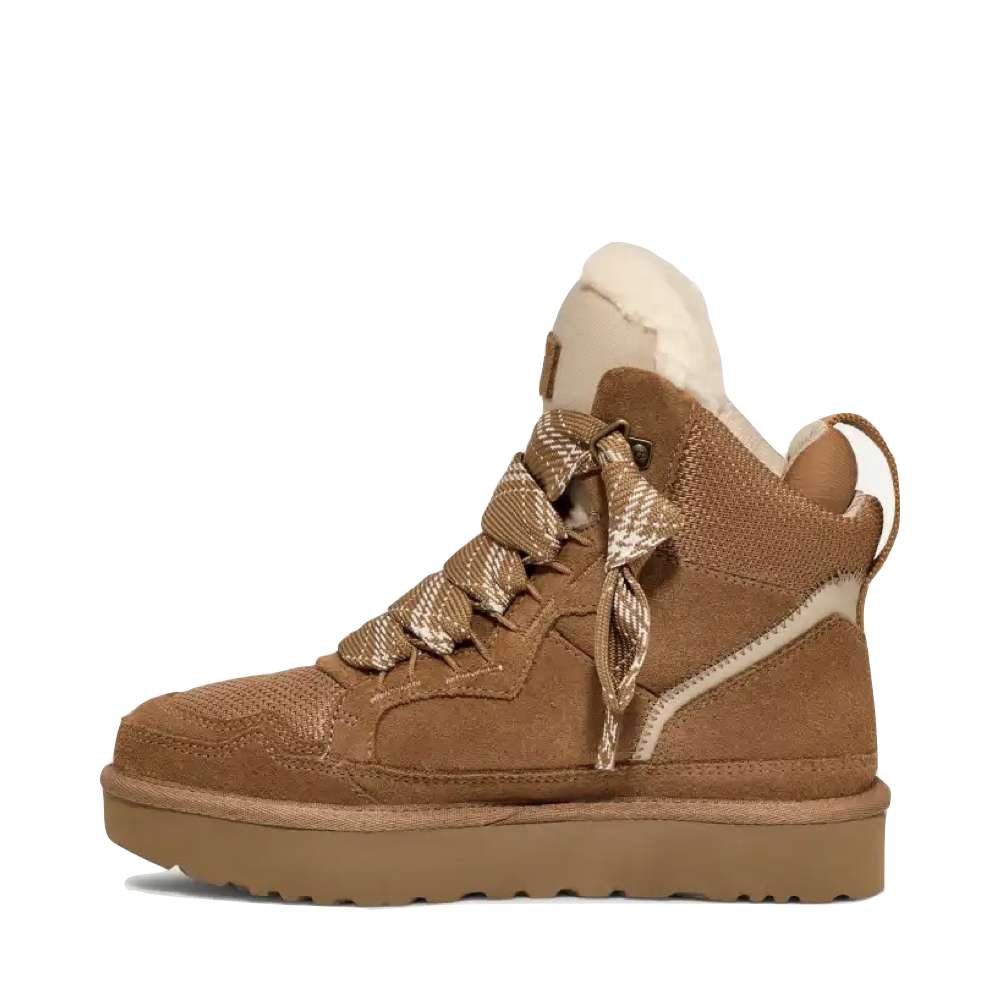 Side (left) view of Ugg Highmel Lace Sheepskin Boot for women.
