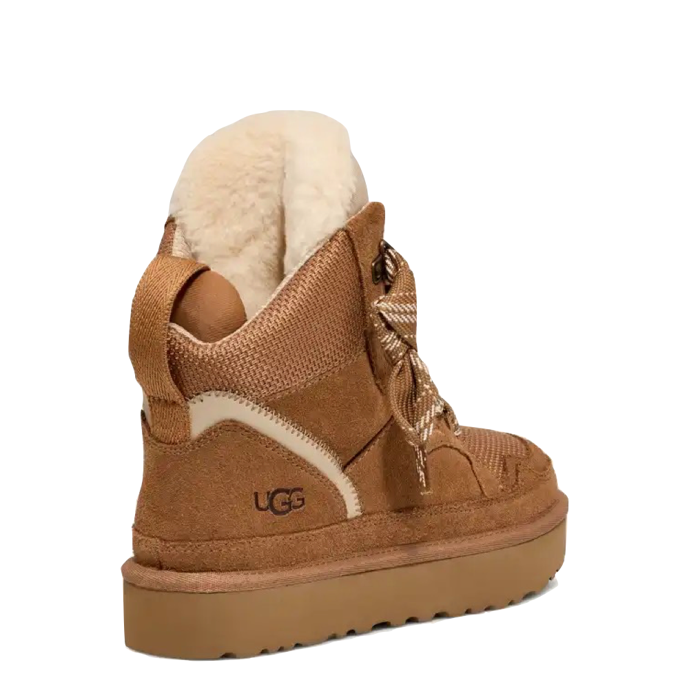 Heel view of Ugg Highmel Lace Sheepskin Boot for women.