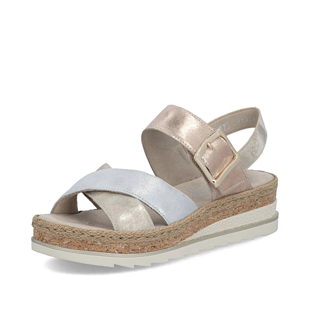 Rieker Women's Regina 51 Cross Strap Wedge Sandal in Nude Multi