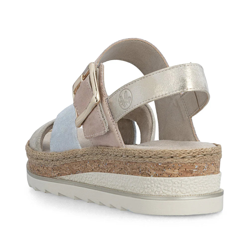 Rieker Women's Regina 51 Cross Strap Wedge Sandal in Nude Multi