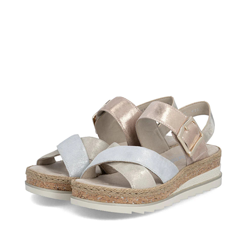 Rieker Women's Regina 51 Cross Strap Wedge Sandal in Nude Multi