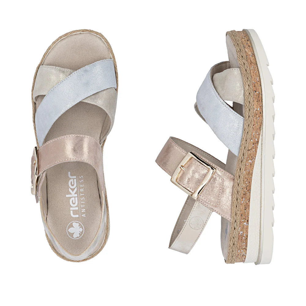 Rieker Women's Regina 51 Cross Strap Wedge Sandal in Nude Multi