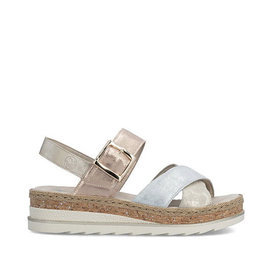 Rieker Women's Regina 51 Cross Strap Wedge Sandal in Nude Multi