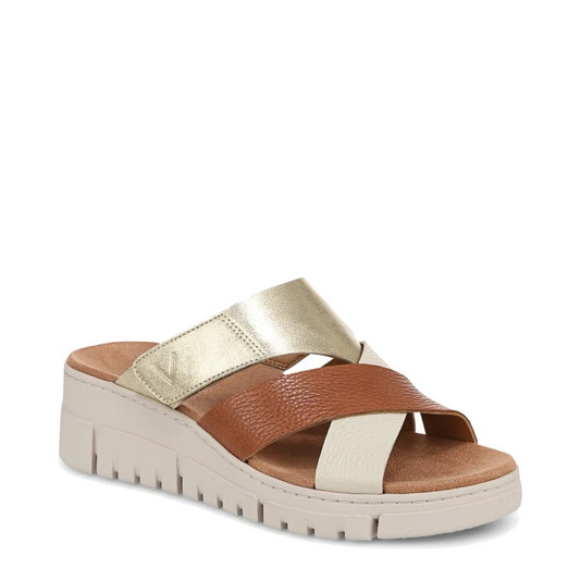 Toe view of Vionic Uptown Sunset Leather Slide Wedge Sandal for women.