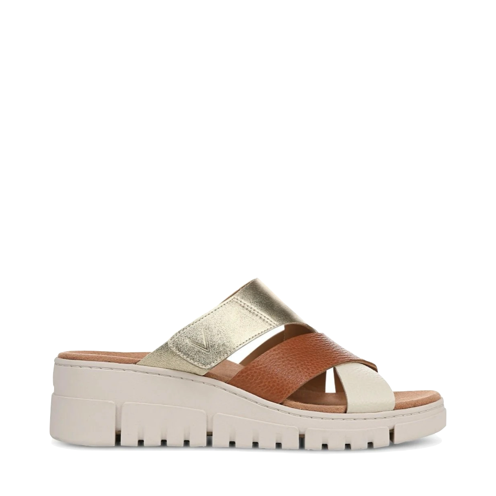 Side (right) view of Vionic Uptown Sunset Leather Slide Wedge Sandal for women.