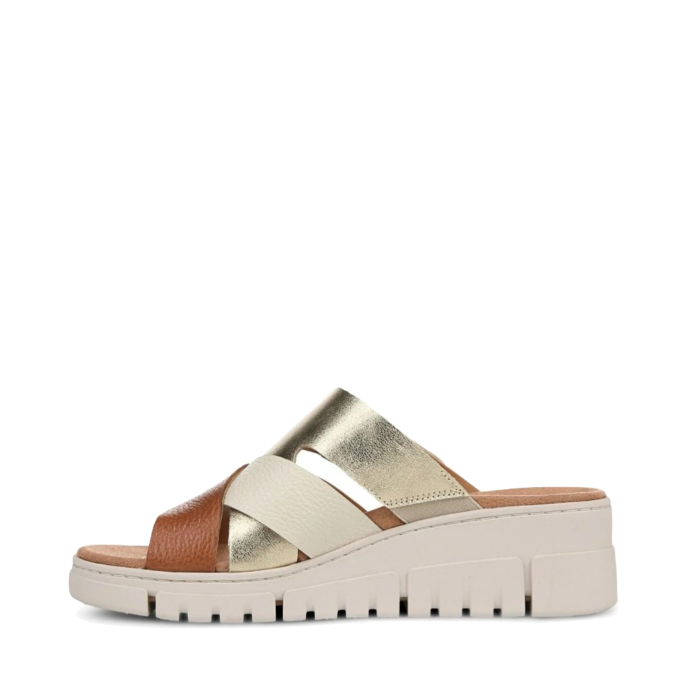 Side (left) view of Vionic Uptown Sunset Leather Slide Wedge Sandal for women.