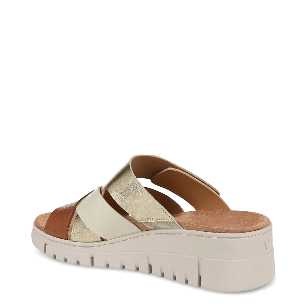 Heel view of Vionic Uptown Sunset Leather Slide Wedge Sandal for women.