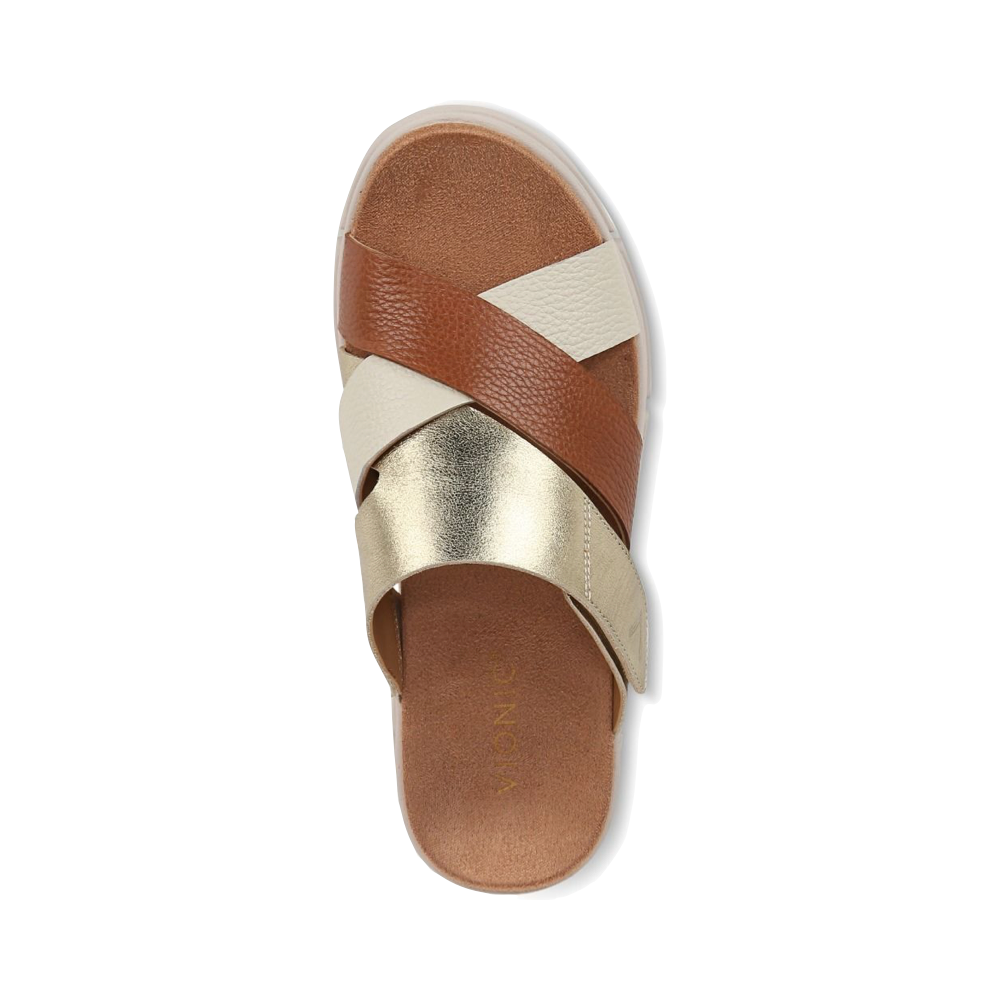 Top-down view of Vionic Uptown Sunset Leather Slide Wedge Sandal for women.