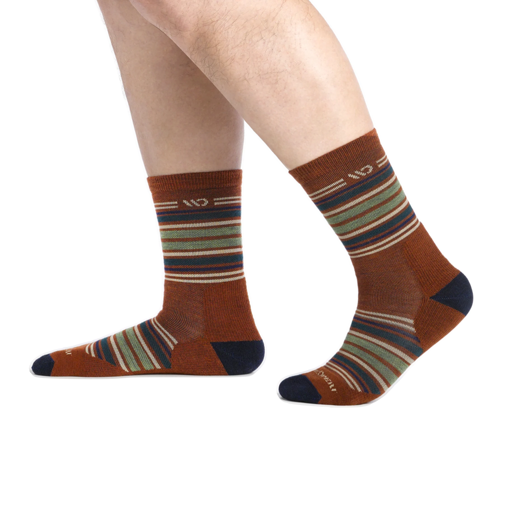 Model view of Wide Open by Darn Tough Multi Stripe Cushioned Micro Crew Sock for men.