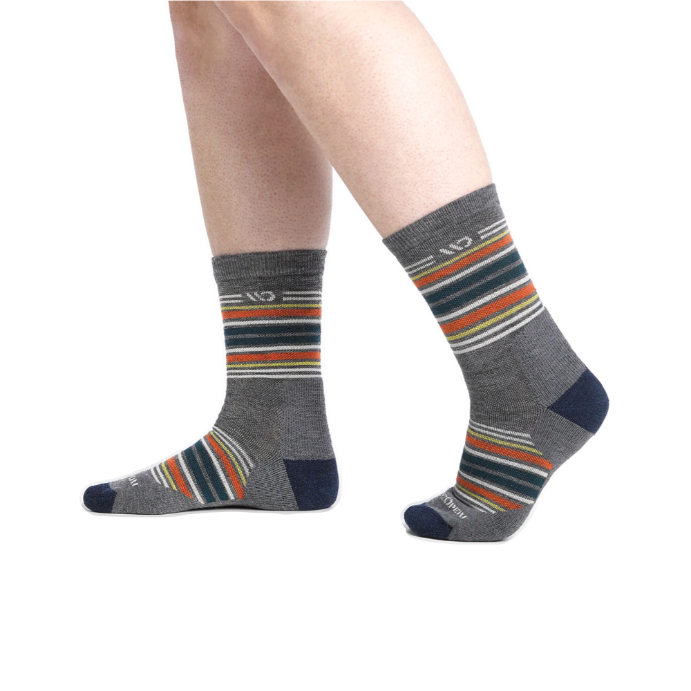 Model view of Wide Open by Darn Tough Multi Stripe Cushioned Micro Crew Sock for men.
