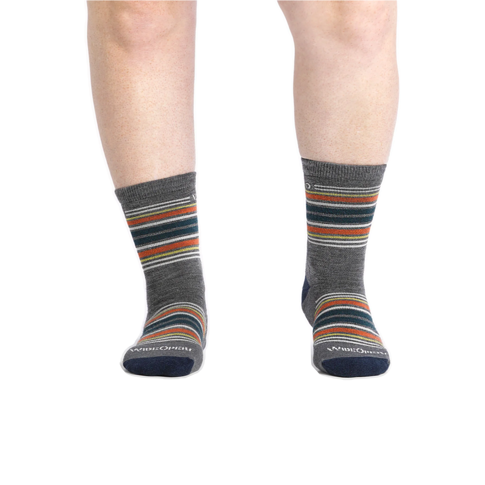 Model view of Wide Open by Darn Tough Multi Stripe Cushioned Micro Crew Sock for men.