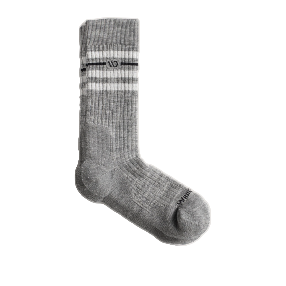 Side (right) view of Wide Open by Darn Tough Vintage Stripe Cushioned Crew Socks for men.