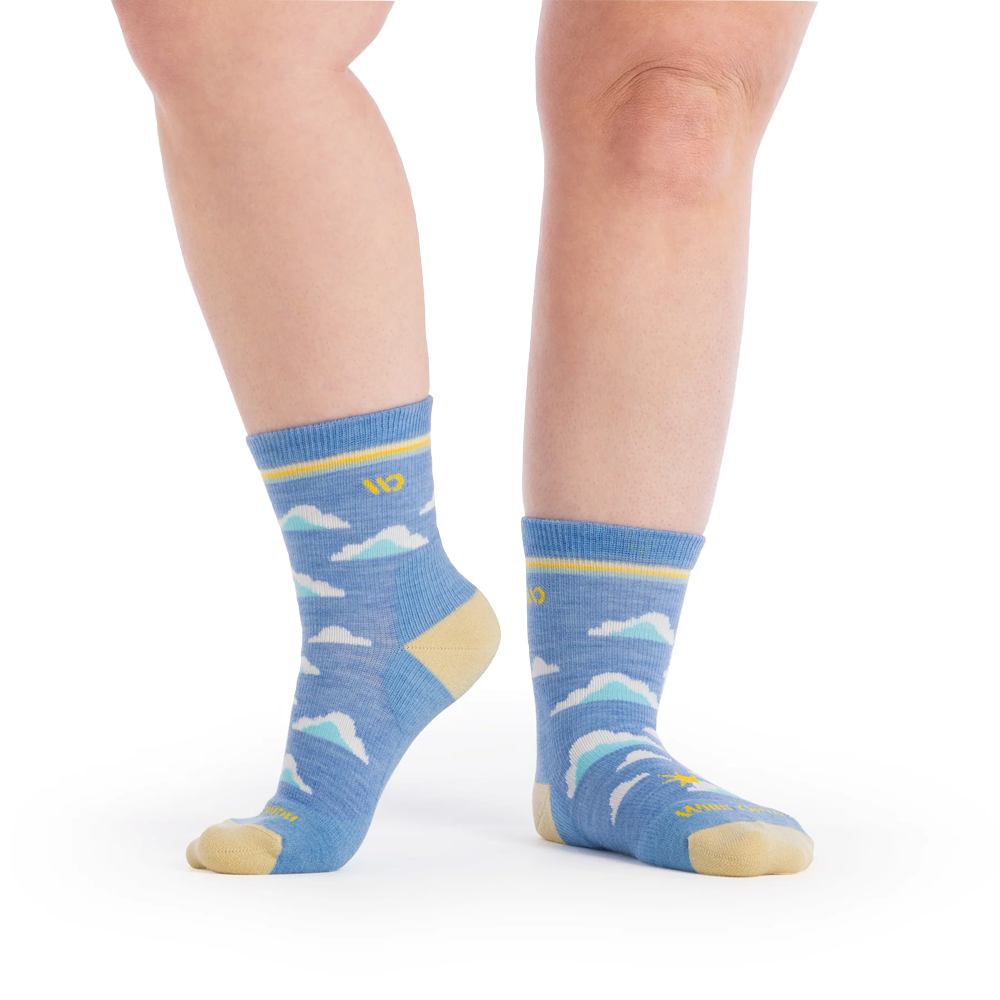 Model view of Wide Open by Darn Tough Cloud Hopper Cushioned Micro Crew Sock for women.