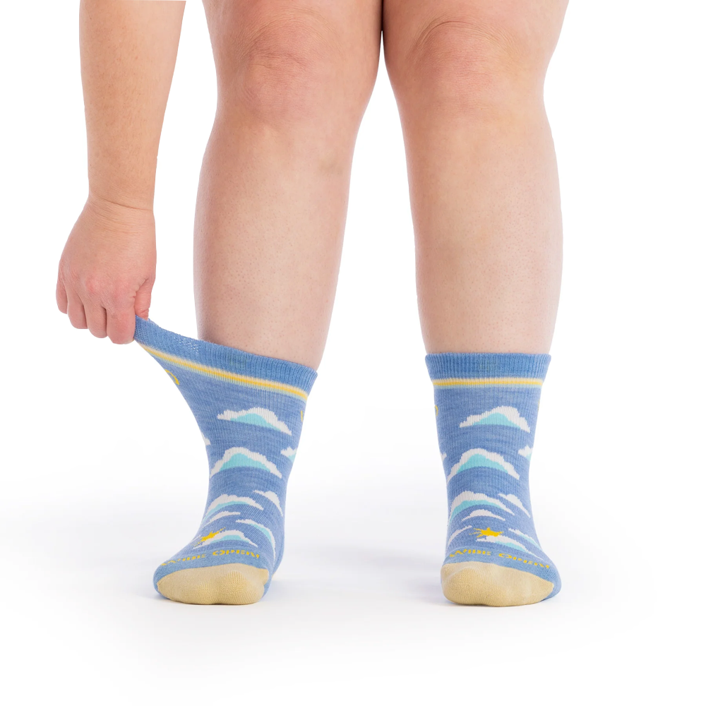 Model view of Wide Open by Darn Tough Cloud Hopper Cushioned Micro Crew Sock for women.