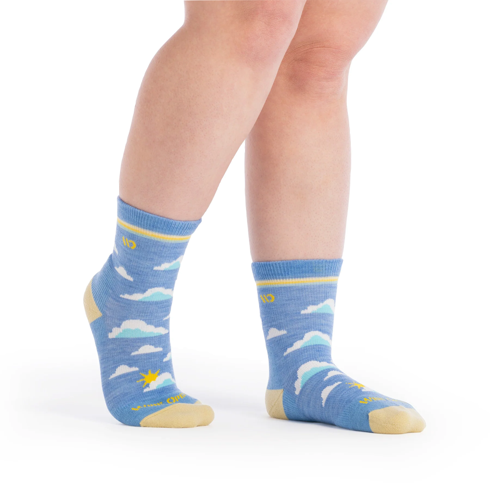 Model view of Wide Open by Darn Tough Cloud Hopper Cushioned Micro Crew Sock for women.