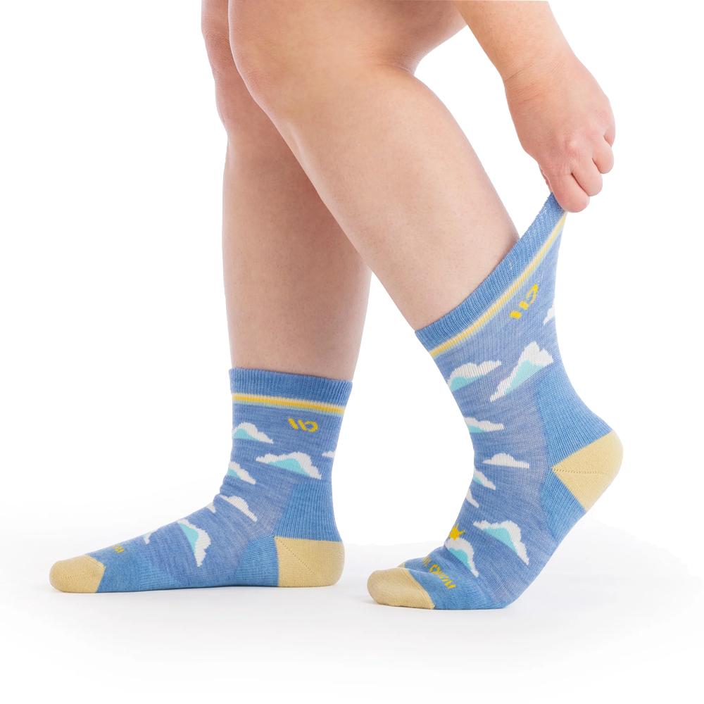 Model view of Wide Open by Darn Tough Cloud Hopper Cushioned Micro Crew Sock for women.