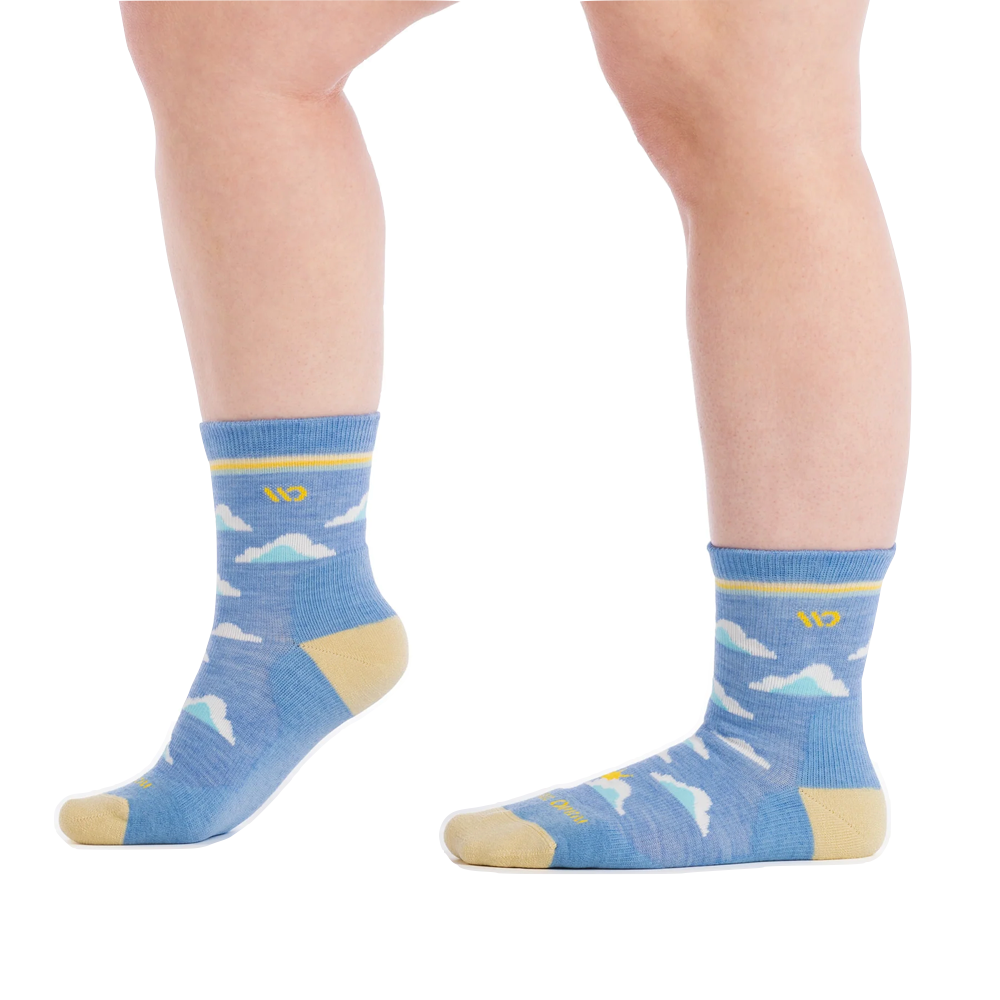 Model view of Wide Open by Darn Tough Cloud Hopper Cushioned Micro Crew Sock for women.