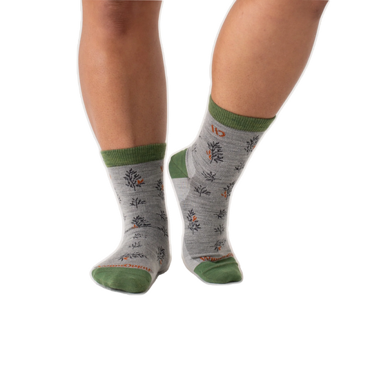 Model view of Wide Open by Darn Tough Foliage No Cushion Micro Crew Sock for women.