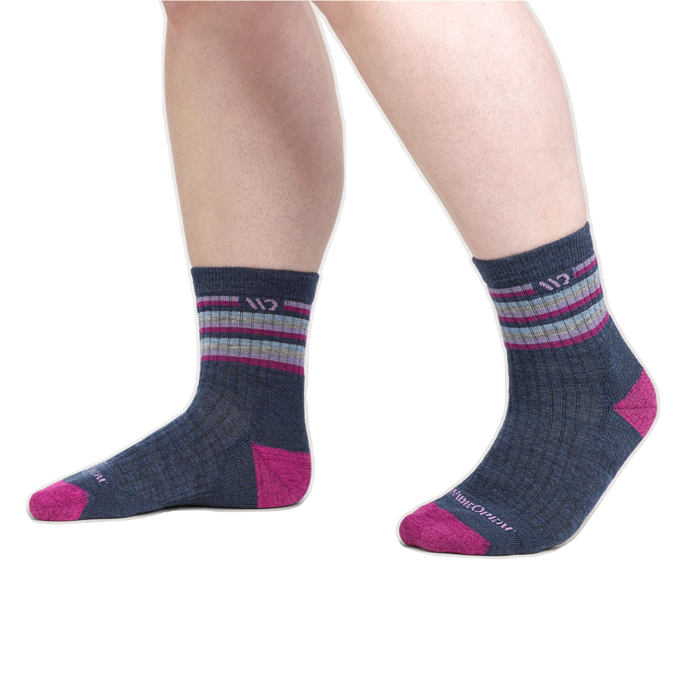 Model view of Wide Open by Darn Tough Multi Stripe Cushioned Micro Crew Sock for women.