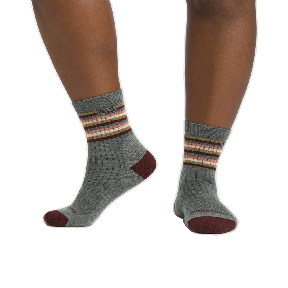 Model view of Wide Open by Darn Tough Multi Stripe Cushioned Micro Crew Sock for women.