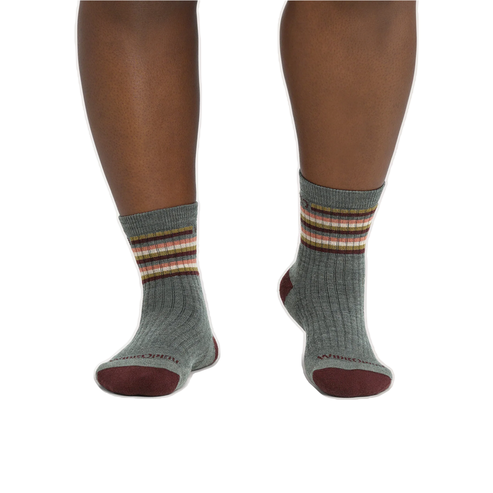 Model view of Wide Open by Darn Tough Multi Stripe Cushioned Micro Crew Sock for women.