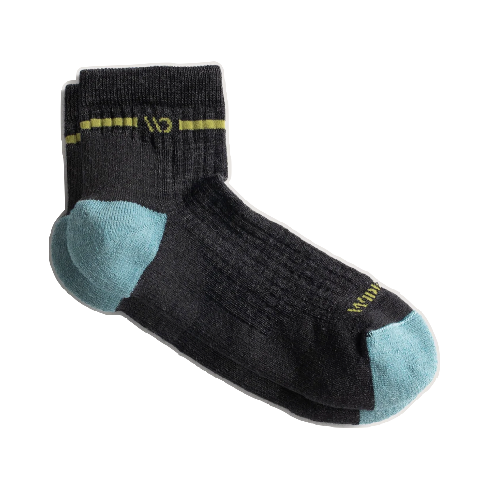 Side (right) view of Wide Open by Darn Tough Single Stripe Cushioned Quarter Sock for women.