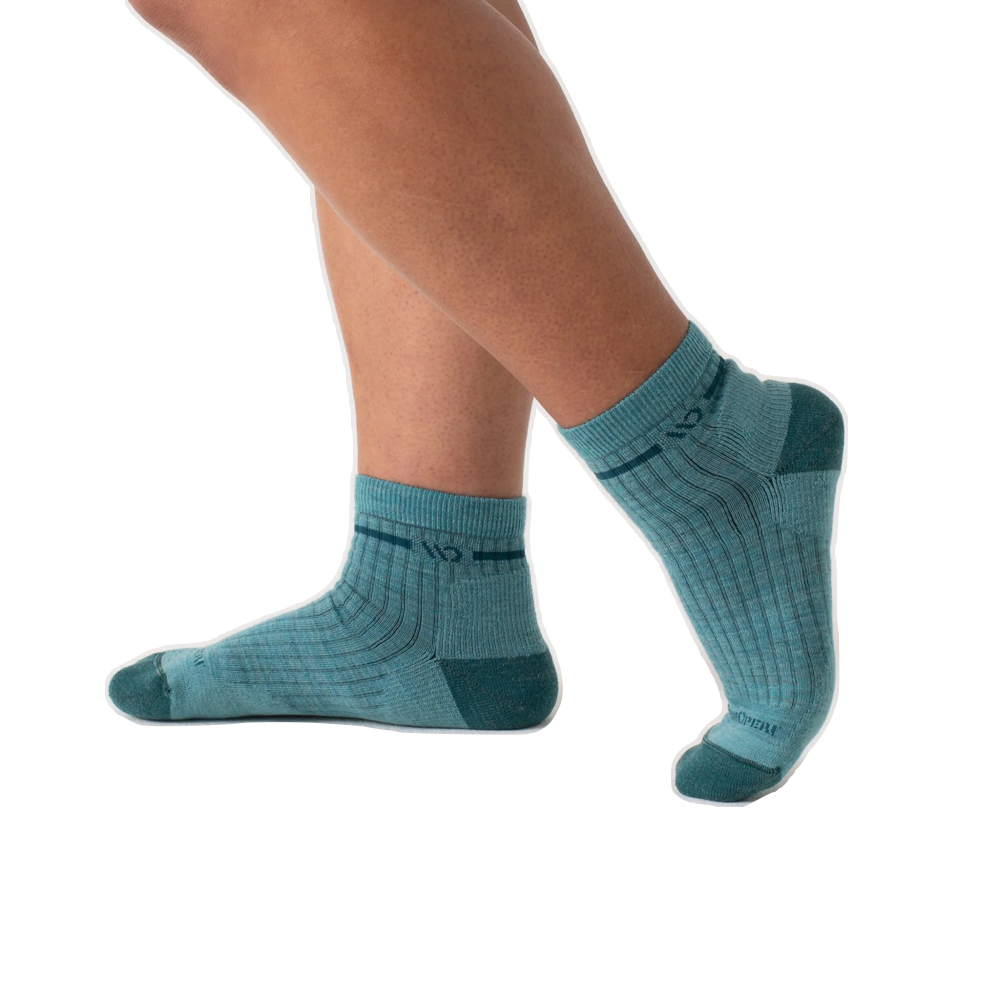 Model view of Wide Open by Darn Tough Single Stripe Cushioned Quarter Sock for women.