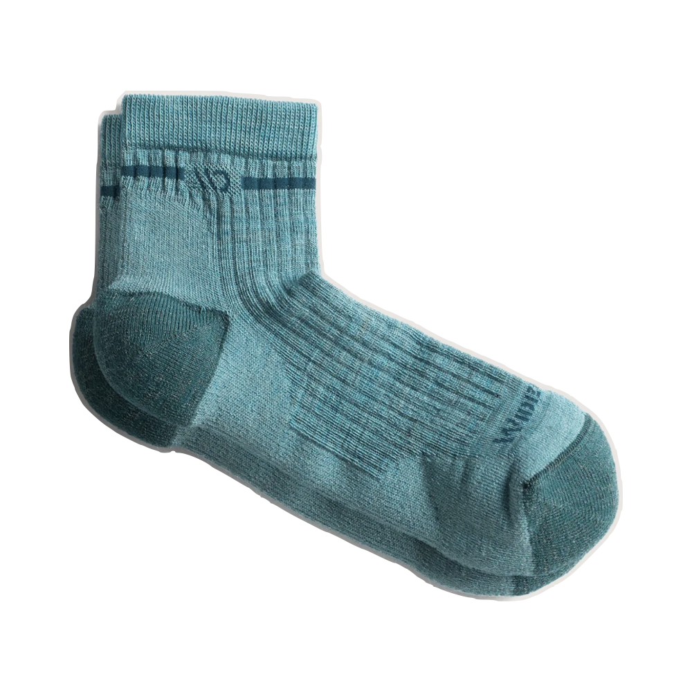 Side (right) view of Wide Open by Darn Tough Single Stripe Cushioned Quarter Sock for women.