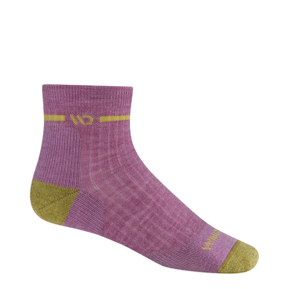 Side (right) view of Wide Open by Darn Tough Single Stripe Cushioned Quarter Sock for women.