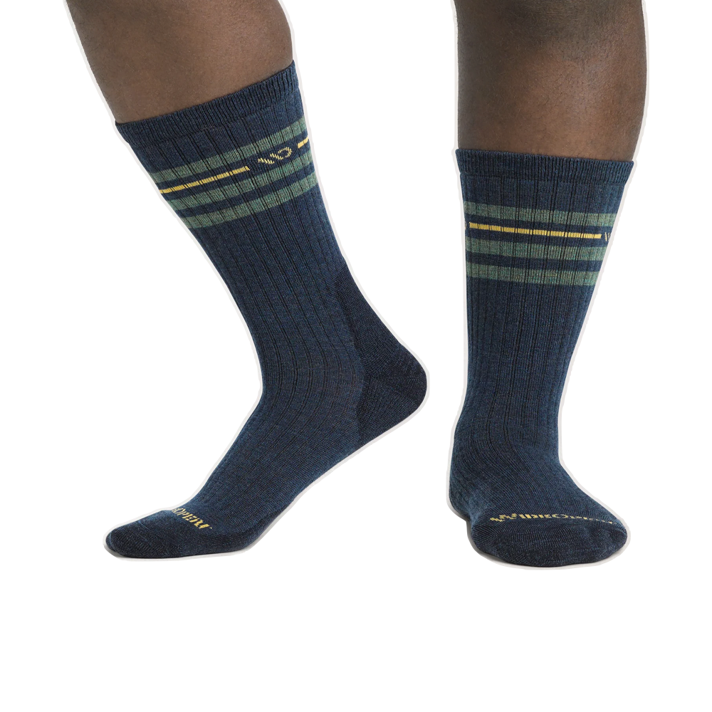 Model view of Wide Open by Darn Tough Vintage Stripe Cushioned Crew Socks for men.