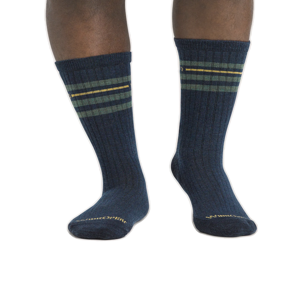 Model view of Wide Open by Darn Tough Vintage Stripe Cushioned Crew Socks for men.