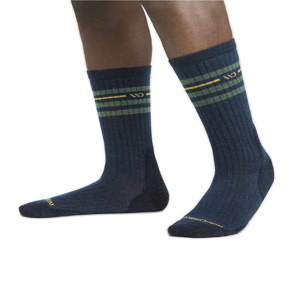Model view of Wide Open by Darn Tough Vintage Stripe Cushioned Crew Socks for men.