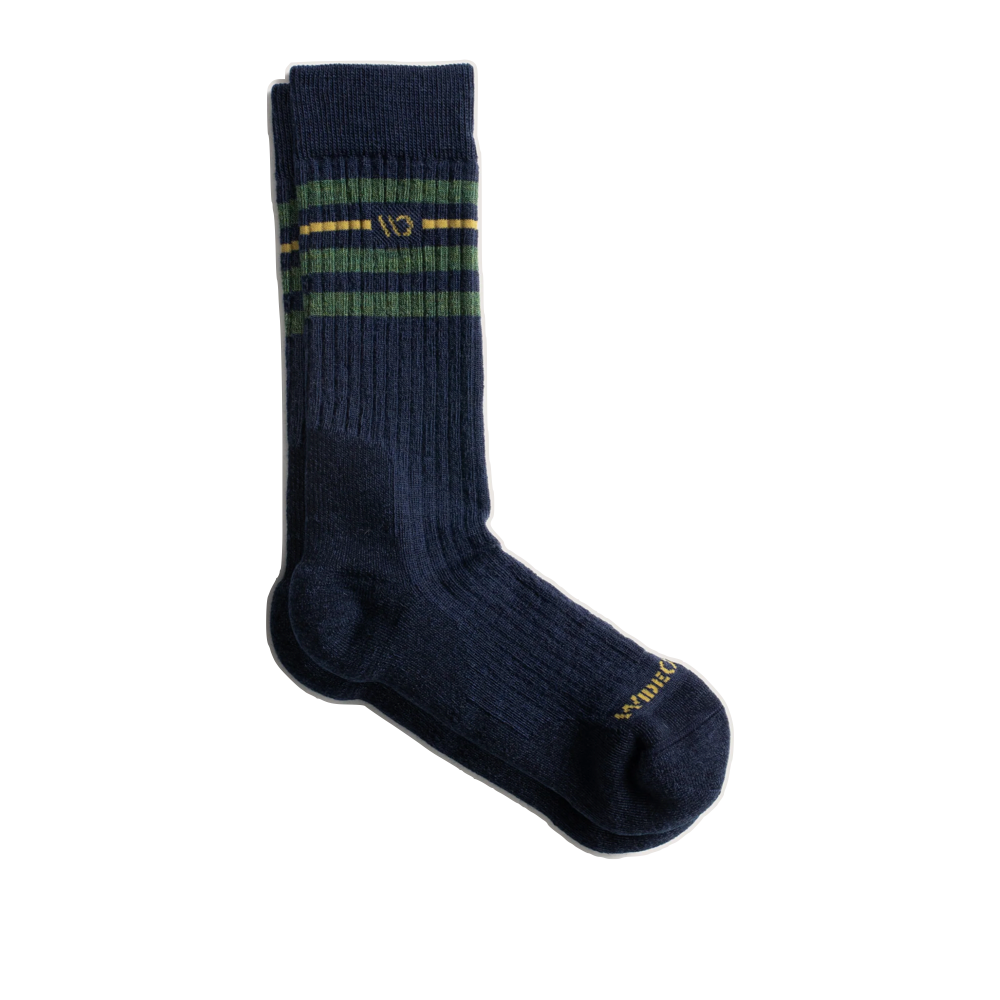 Side (right) view of Wide Open by Darn Tough Vintage Stripe Cushioned Crew Socks for men.