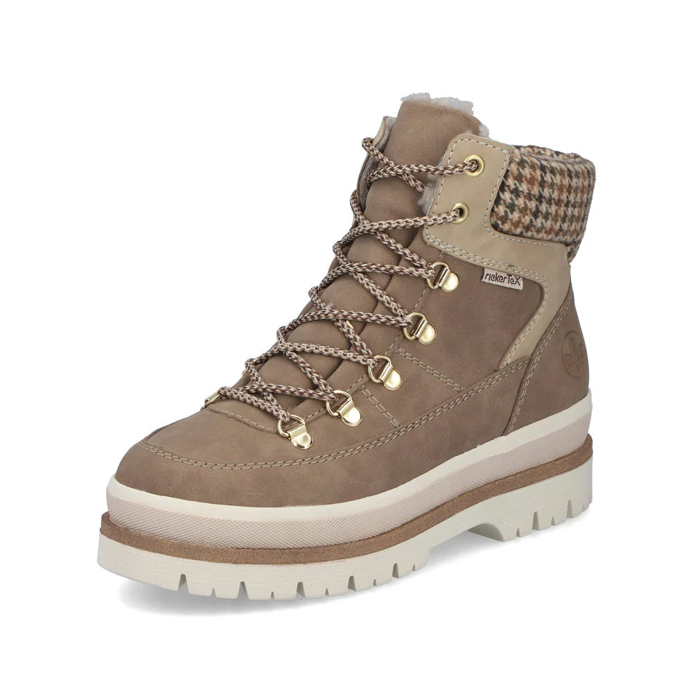 Rieker Women's Trudie 10 Side Zip Waterproof Lace Boot in Fango/Porzellan/Natur Multi