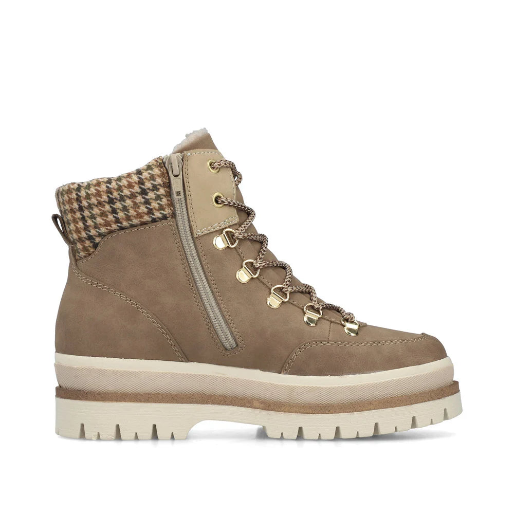Rieker Women's Trudie 10 Side Zip Waterproof Lace Boot in Fango/Porzellan/Natur Multi