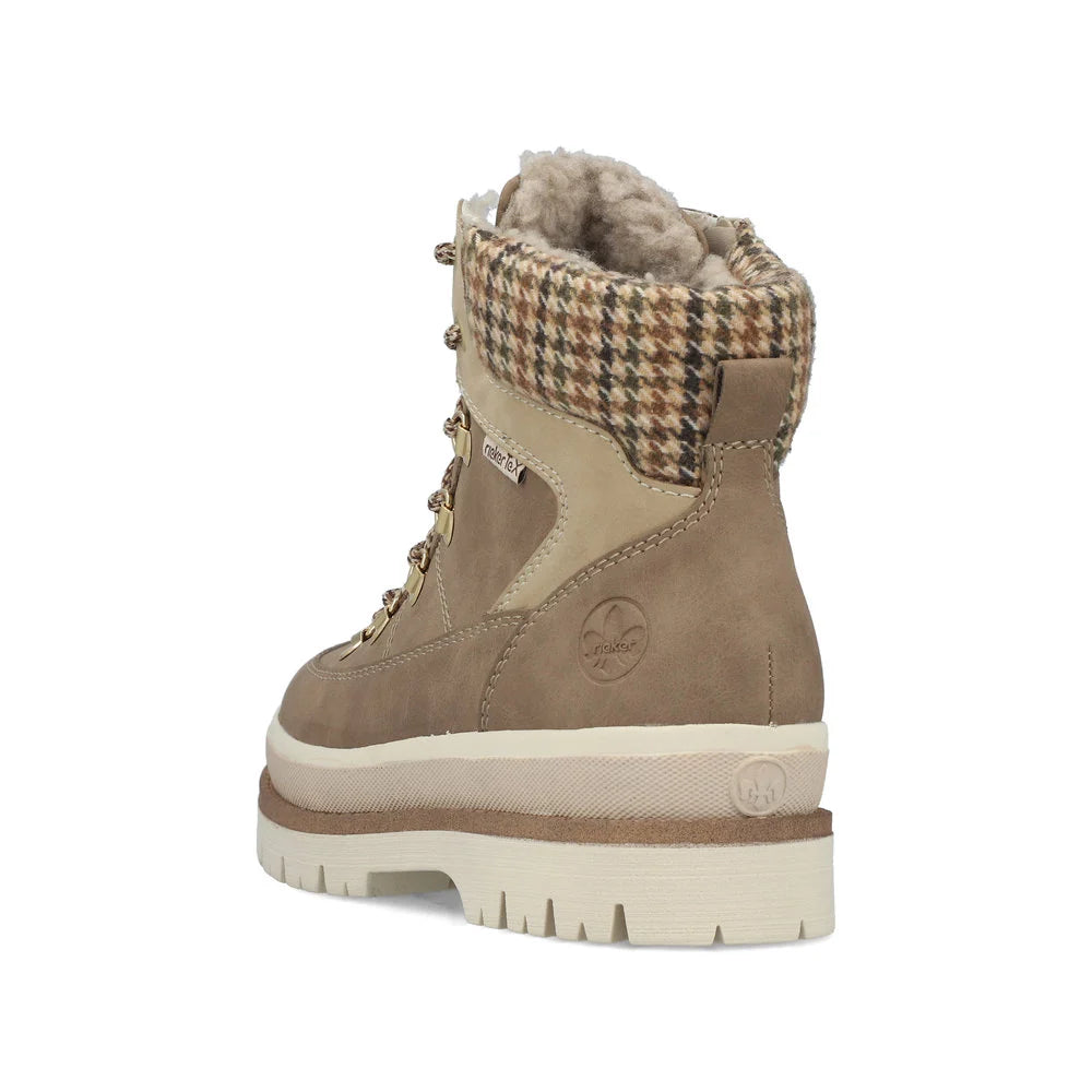 Rieker Women's Trudie 10 Side Zip Waterproof Lace Boot in Fango/Porzellan/Natur Multi