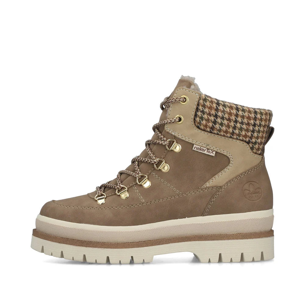 Rieker Women's Trudie 10 Side Zip Waterproof Lace Boot in Fango/Porzellan/Natur Multi