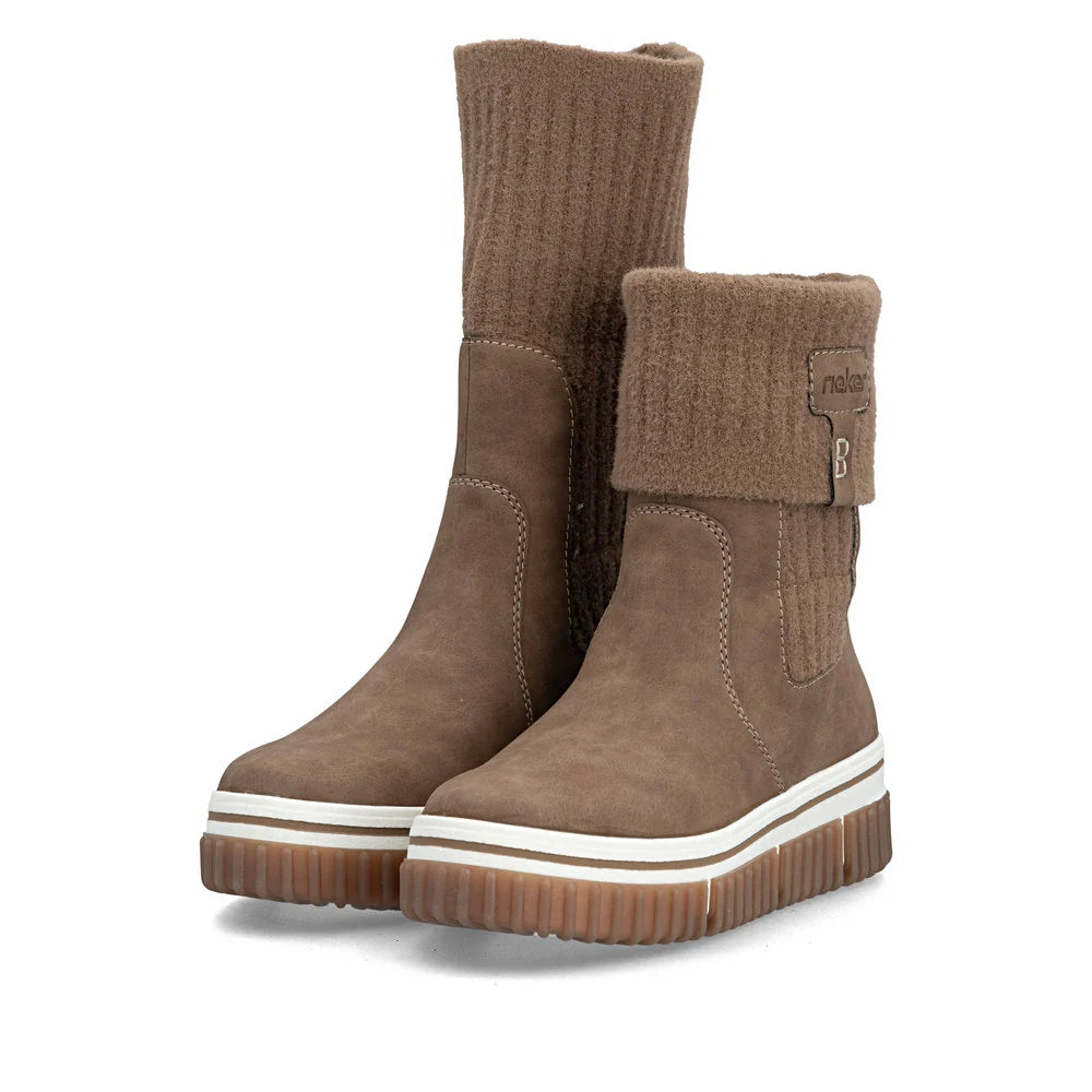 Rieker Women's Trudy 50 Knit Cuff Boot in Wood Beige