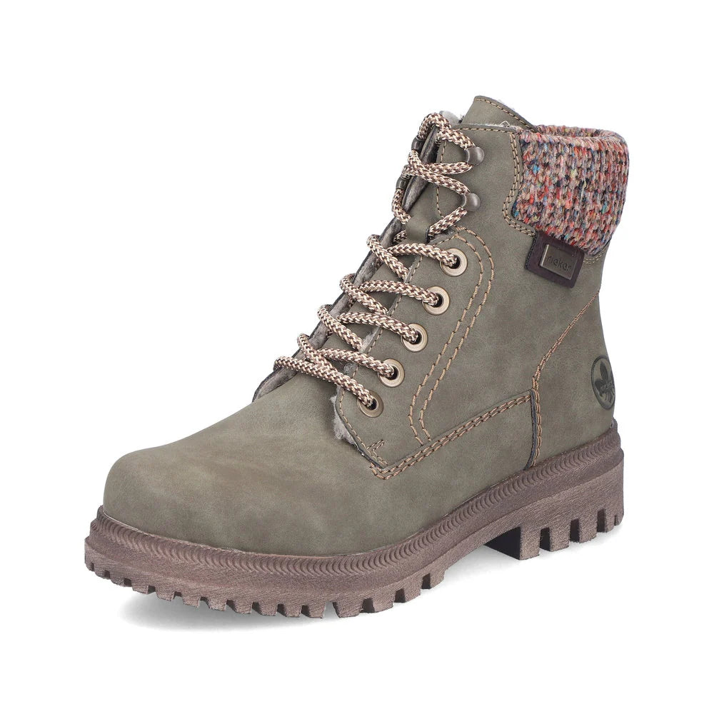 Rieker Women's Thalia 21 Waterproof Side Zip Lace Boot in Olive Fjord/Havanna/Multi