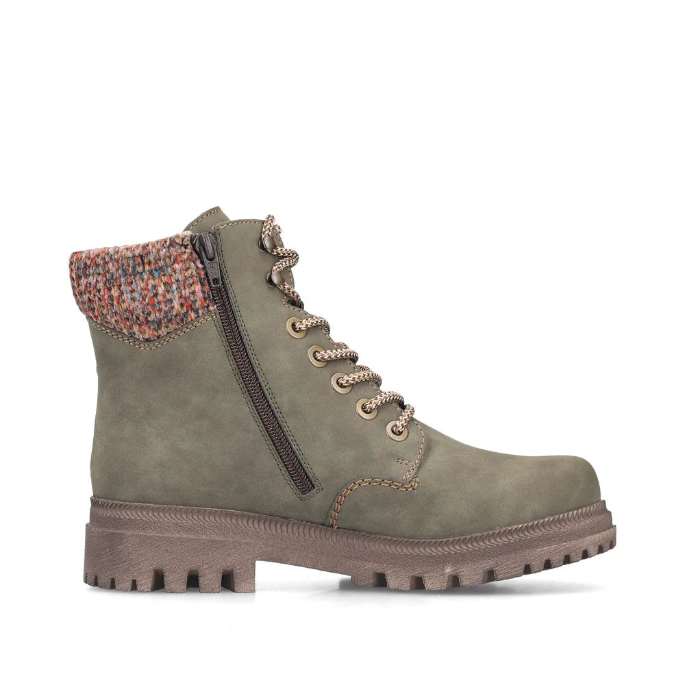Rieker Women's Thalia 21 Waterproof Side Zip Lace Boot in Olive Fjord/Havanna/Multi
