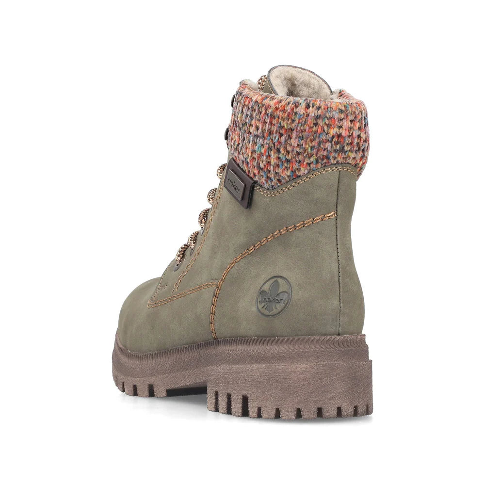 Rieker Women's Thalia 21 Waterproof Side Zip Lace Boot in Olive Fjord/Havanna/Multi
