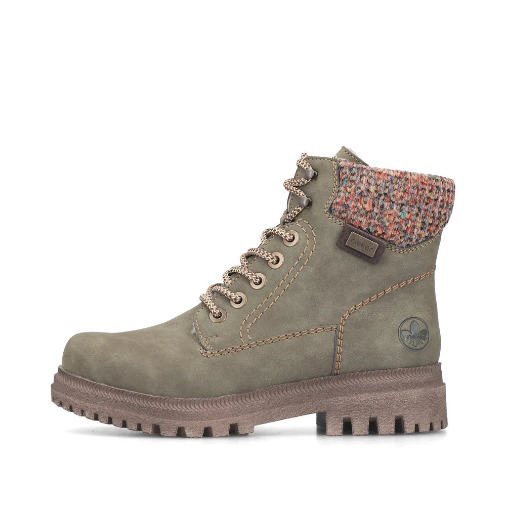 Rieker Women's Thalia 21 Waterproof Side Zip Lace Boot in Olive Fjord/Havanna/Multi