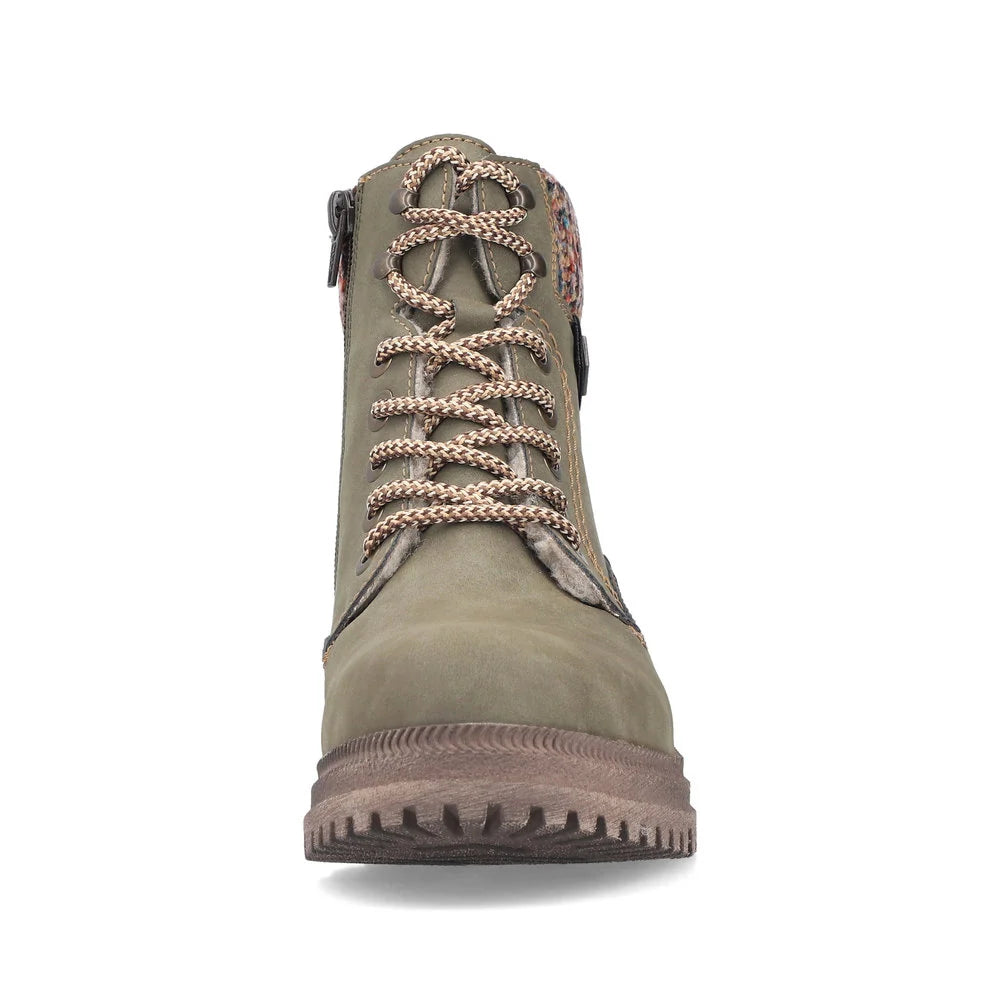 Rieker Women's Thalia 21 Waterproof Side Zip Lace Boot in Olive Fjord/Havanna/Multi