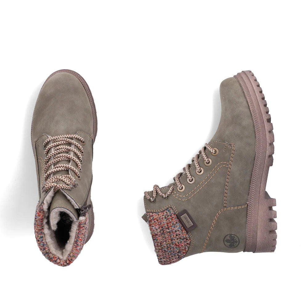 Rieker Women's Thalia 21 Waterproof Side Zip Lace Boot in Olive Fjord/Havanna/Multi