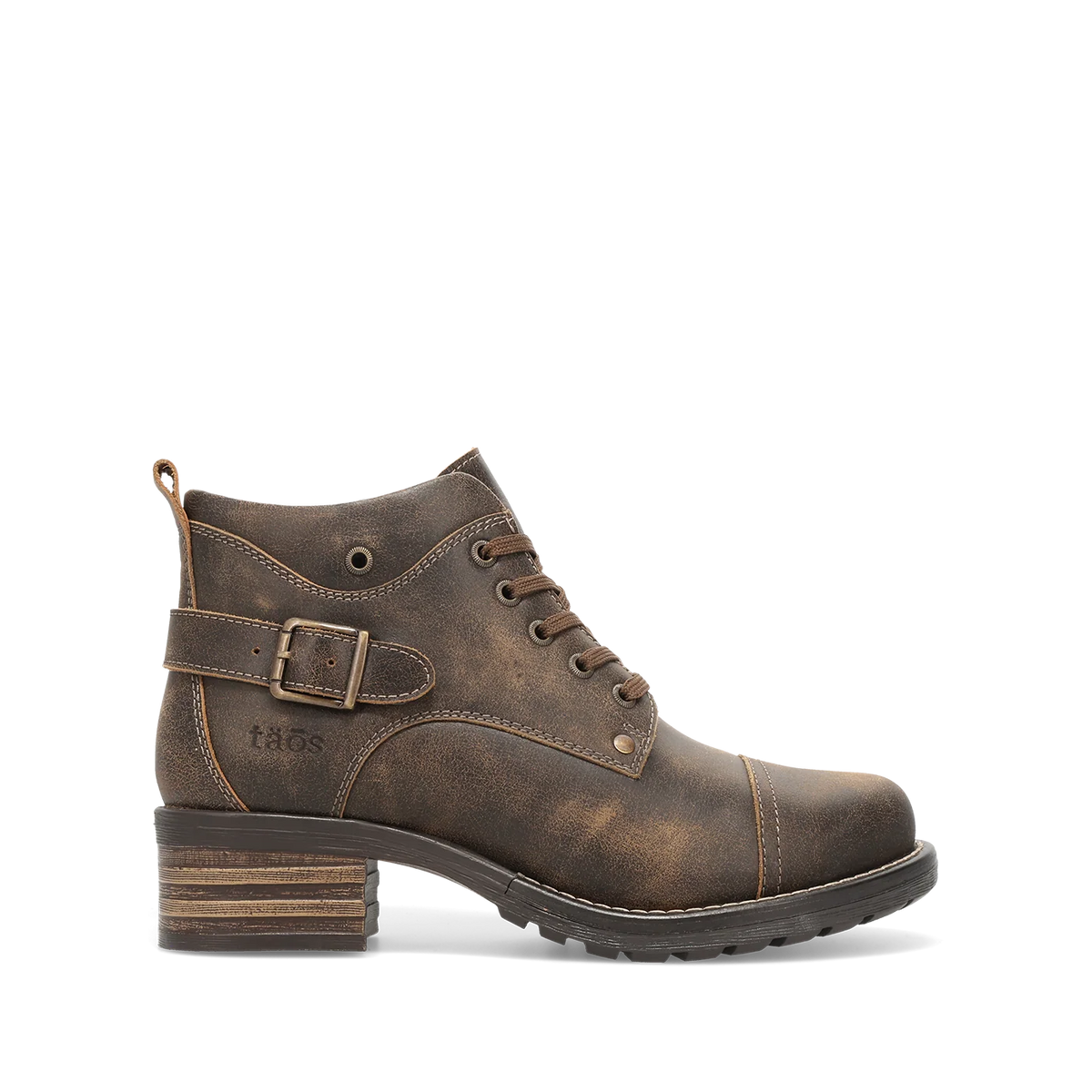 Taos Women's Mini Crave Heeled Side Zip Lace Boot in Distressed Brown
