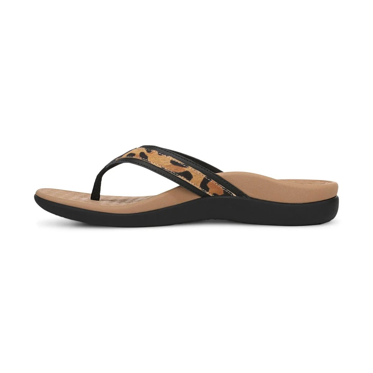 Vionic Women's Tide 2.0 Toe Post Flip Sandal in Black Leopard Print Suede