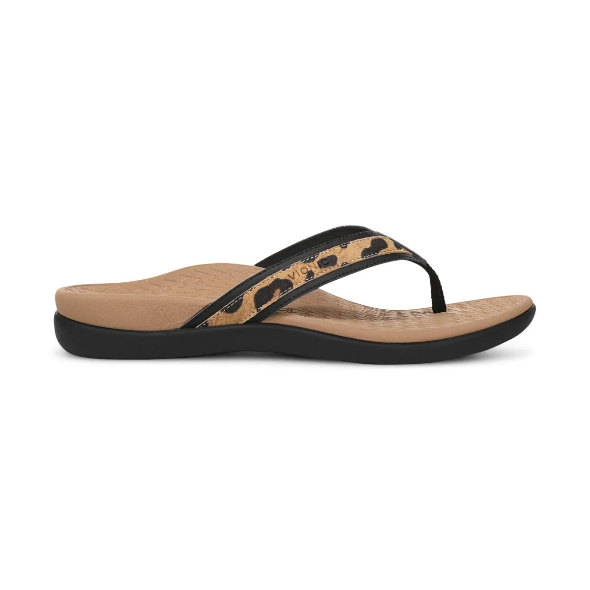 Vionic Women's Tide 2.0 Toe Post Flip Sandal in Black Leopard Print Suede