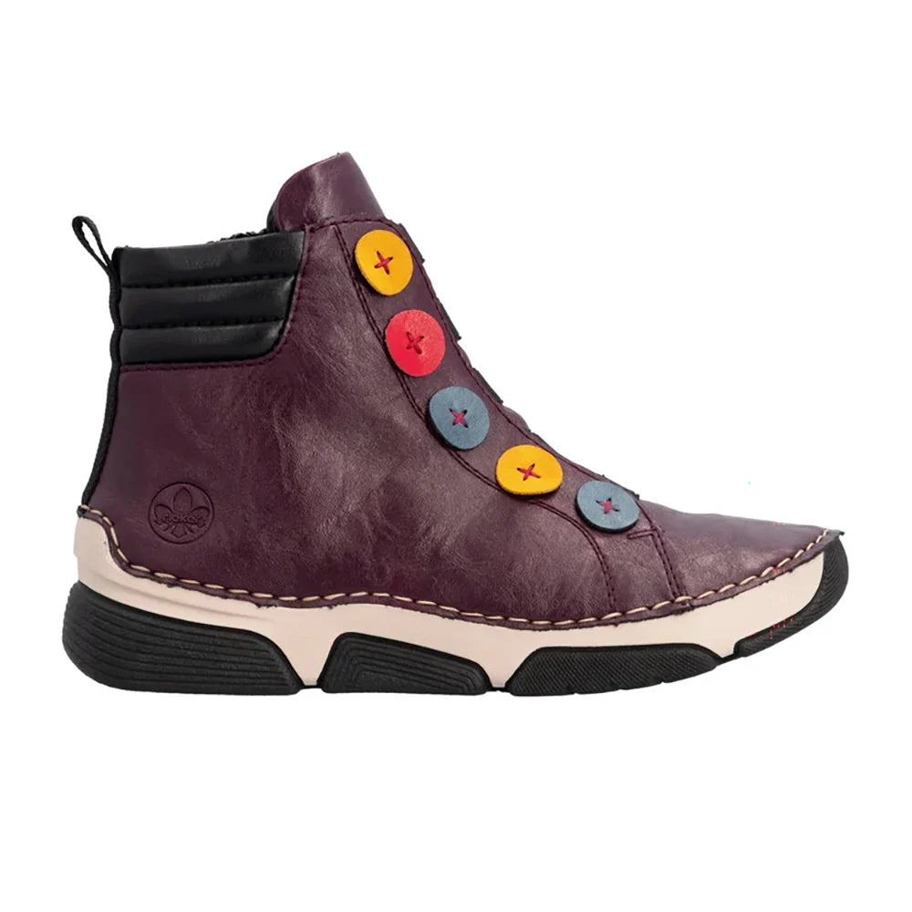 Rieker Women's Angela 77 Side Zip Boot in Brombeer/Royal/Honig/Flamme